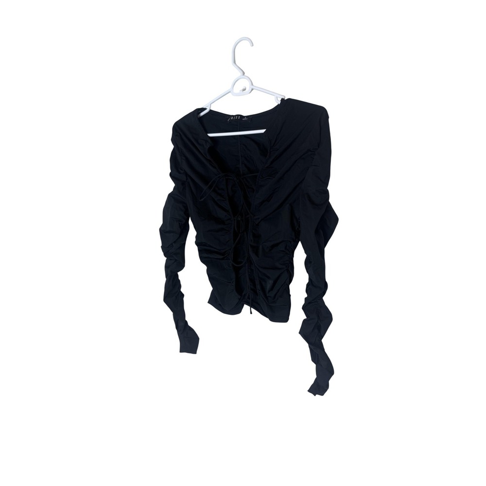 Lioness Blouse Womens Small Black Ruched Lace Up Long Sleeve Cropped Top
